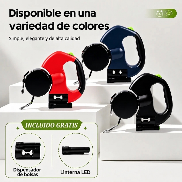 Correa doble retráctil para dos perros en colores rojo, azul y negro con dispensador de bolsas y linterna LED incluidos