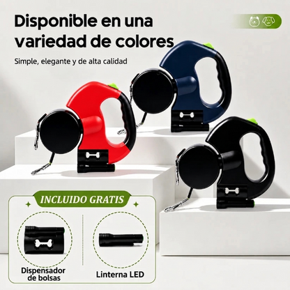 Correa doble retráctil para dos perros en colores rojo, azul y negro con dispensador de bolsas y linterna LED incluidos